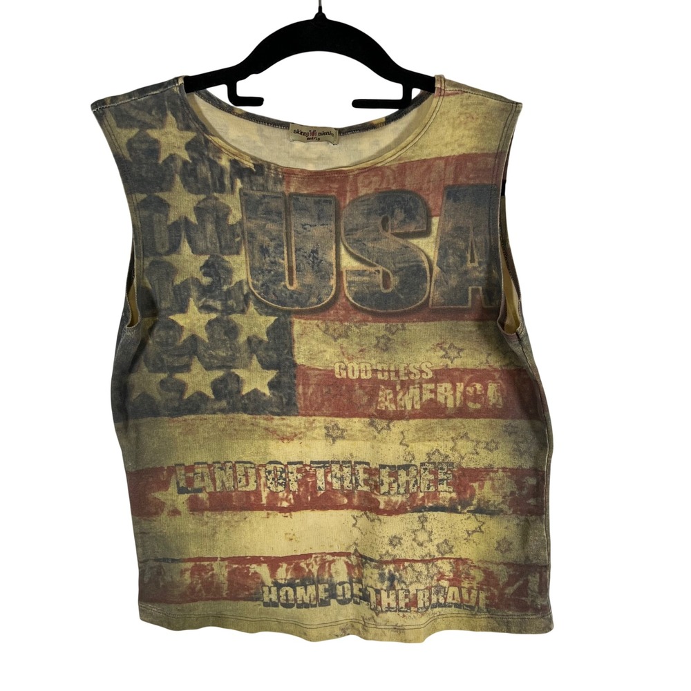 Skinny Minnie USA American Flag Distressed Tank Top Med/Lg Patriotic Vintage Y2K